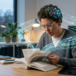 Pessoa lendo rapidamente um livro ou tablet com concentração intensa e sinais visuais de absorção de conhecimento, representando o método Metaleitura de Renato Alves.
