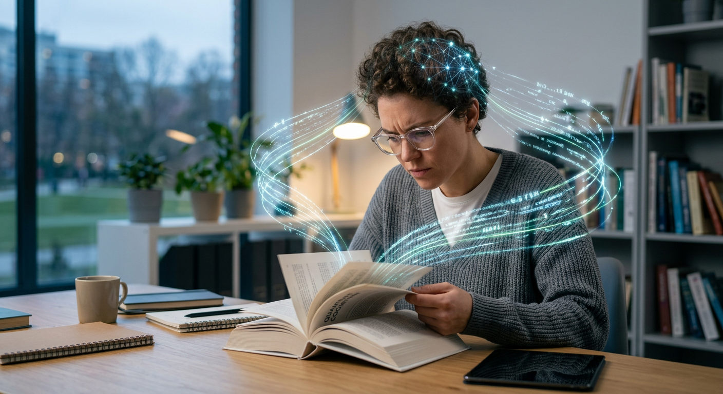 Pessoa lendo rapidamente um livro ou tablet com concentração intensa e sinais visuais de absorção de conhecimento, representando o método Metaleitura de Renato Alves.