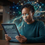 Pessoa lendo um livro ou tablet com foco intenso e elementos visuais que sugerem velocidade e absorção rápida de conhecimento, simbolizando leitura dinâmica e aprendizado acelerado.