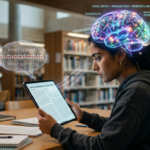 Pessoa lendo rapidamente um livro ou tablet, com sobreposição visual de atividade cerebral ativa, simbolizando a leitura dinâmica Metaleitura e o processamento cognitivo aprimorado.