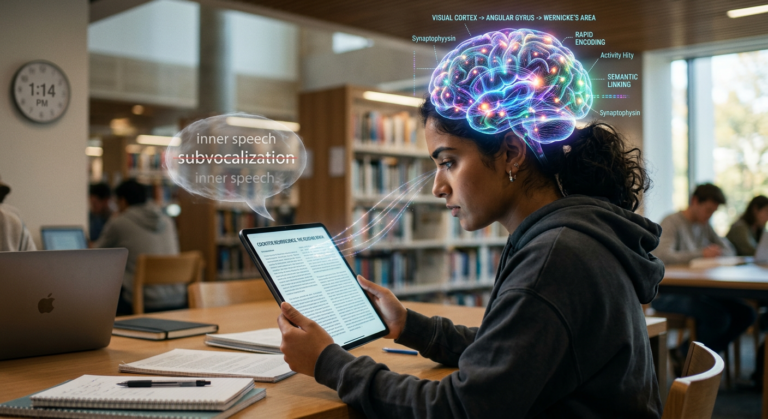 Pessoa lendo rapidamente um livro ou tablet, com sobreposição visual de atividade cerebral ativa, simbolizando a leitura dinâmica Metaleitura e o processamento cognitivo aprimorado.