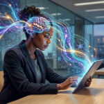 Pessoa lendo rapidamente com foco intenso, com luzes e conexões neurais saindo da cabeça para o livro, simbolizando Metaleitura avançada e compreensão.