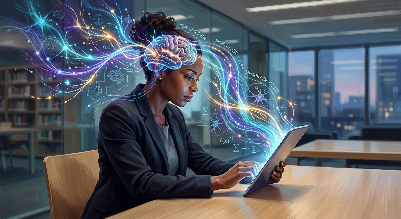 Pessoa lendo rapidamente com foco intenso, com luzes e conexões neurais saindo da cabeça para o livro, simbolizando Metaleitura avançada e compreensão.