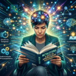 Pessoa lendo um livro ou tablet em alta velocidade, com elementos visuais de atividade cerebral e memorização, representando o método Metaleitura de Renato Alves.