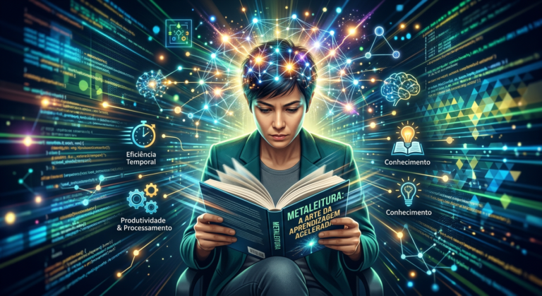 Pessoa lendo um livro ou tablet em alta velocidade, com elementos visuais de atividade cerebral e memorização, representando o método Metaleitura de Renato Alves.