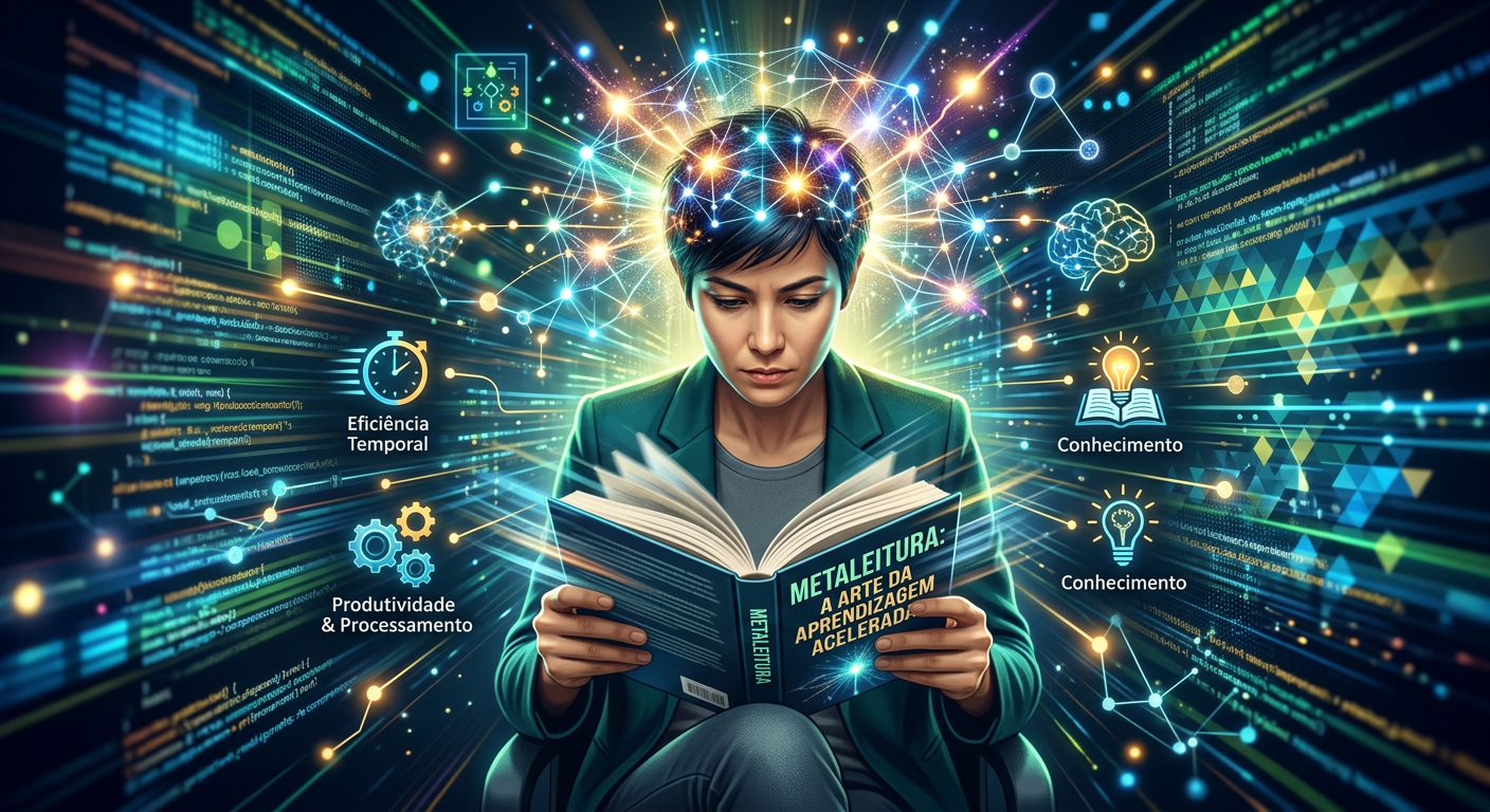 Pessoa lendo um livro ou tablet em alta velocidade, com elementos visuais de atividade cerebral e memorização, representando o método Metaleitura de Renato Alves.