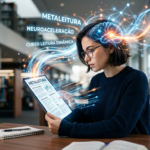 Pessoa concentrada lendo um tablet rapidamente, com elementos gráficos abstratos de luz e conexões neurais ao redor, representando leitura dinâmica e metaleitura.