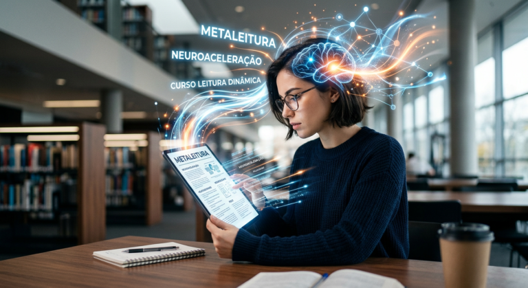 Pessoa concentrada lendo um tablet rapidamente, com elementos gráficos abstratos de luz e conexões neurais ao redor, representando leitura dinâmica e metaleitura.