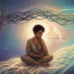 Pessoa em introspecção, desvendando padrões emocionais complexos, com fios de apego se reorganizando e fortalecendo ao longo de 21 dias, sob orientação.