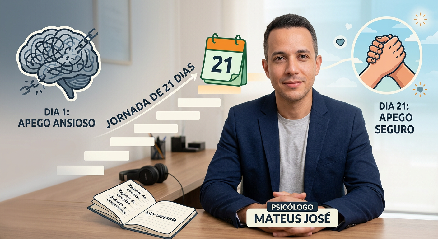 Psicólogo Mateus José apresenta o Desafio 21 Dias Reprogramação de Apego, mostrando uma pessoa transformando ansiedade em segurança emocional através de ferramentas digitais e escrita terapêutica.