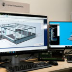 Estação de trabalho com Revit 2024, Dynamo e Navisworks, configurada com i7, 16 GB RAM, SSD 500 GB e GPU GTX 1650, demonstrando fluxo BIM de fases e famílias parametrizadas.