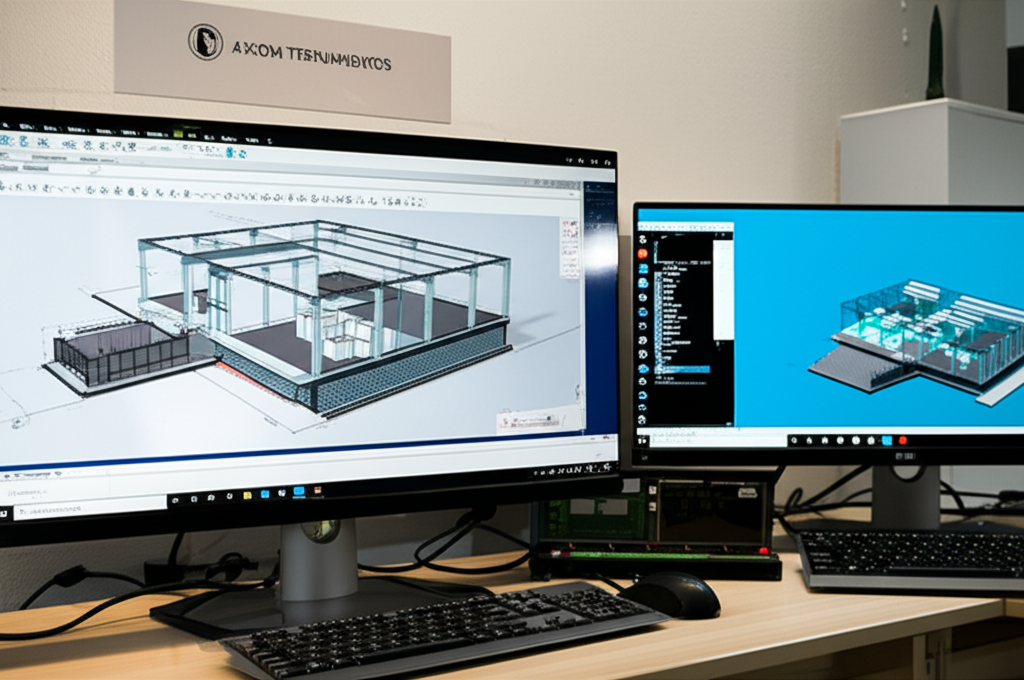 Estação de trabalho com Revit 2024, Dynamo e Navisworks, configurada com i7, 16 GB RAM, SSD 500 GB e GPU GTX 1650, demonstrando fluxo BIM de fases e famílias parametrizadas.