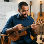 Léo Soares tocando cavaquinho com precisão, com foco em sua mão direita demonstrando a 'batida perfeita' em um contexto de aula musical.