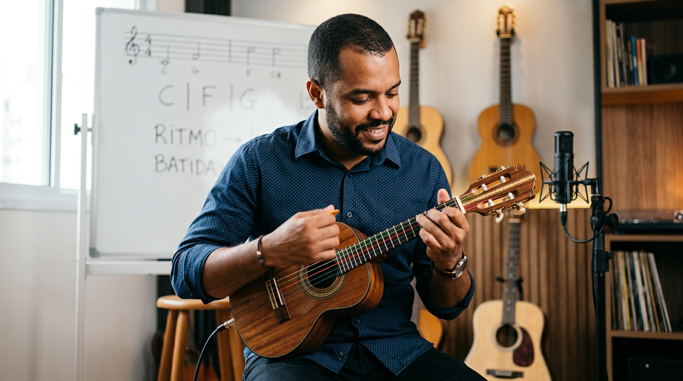 Léo Soares tocando cavaquinho com precisão, com foco em sua mão direita demonstrando a 'batida perfeita' em um contexto de aula musical.