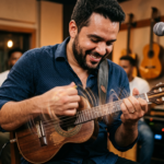 Músico tocando cavaquinho com foco na mão direita para a batida perfeita, ilustrando ritmo e fluidez.