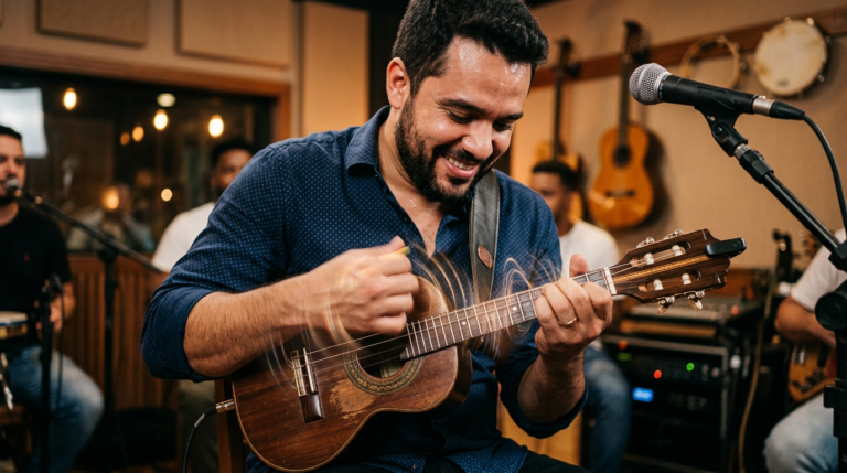 Músico tocando cavaquinho com foco na mão direita para a batida perfeita, ilustrando ritmo e fluidez.