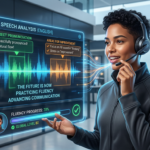 Uma pessoa usando um headset e interagindo com uma interface holográfica de IA que exibe um espectrograma de voz em tempo real, indicando feedback de pronúncia para aprendizado de inglês.