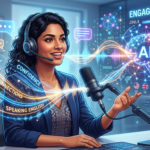 Pessoa usando fone de ouvido com microfone interagindo com interface de IA para aprender inglês, simbolizando fluência e feedback em tempo real.