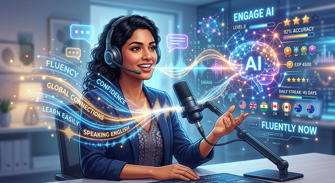 Pessoa usando fone de ouvido com microfone interagindo com interface de IA para aprender inglês, simbolizando fluência e feedback em tempo real.