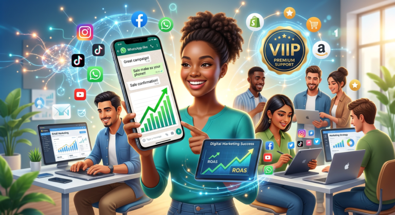 Pessoas aprendendo marketing digital com suporte VIP e vendas online pelo celular.