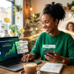 Pessoa com laptop e celular, cercada por gráficos de vendas e símbolos de dinheiro, representando o sucesso no marketing digital com o curso Fórmula Enriquecendo Online VIIP.