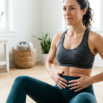 Mulher com abdômen tonificado e sem diástase, realizando técnica de ativação do core para recuperação pós-parto com o Método Abdômen Power (MAP).