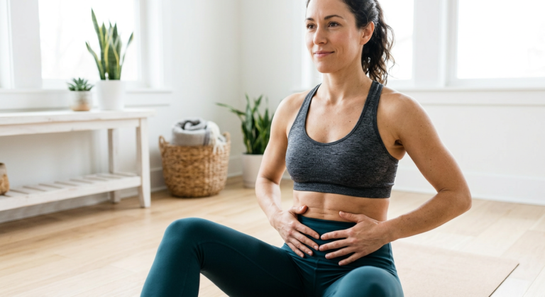 Mulher com abdômen tonificado e sem diástase, realizando técnica de ativação do core para recuperação pós-parto com o Método Abdômen Power (MAP).
