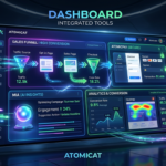 Interface da plataforma Atomicat com funis de venda, checkout, IA (MIA) e analytics integrados para marketing digital rápido e de alta conversão.