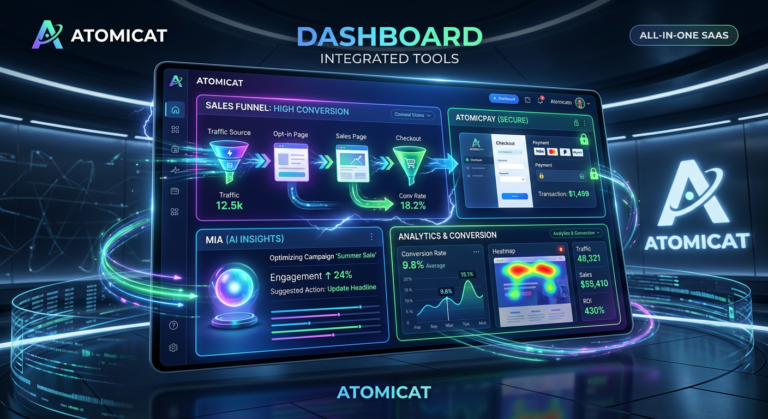 Interface da plataforma Atomicat com funis de venda, checkout, IA (MIA) e analytics integrados para marketing digital rápido e de alta conversão.