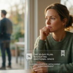 Mulher pensativa com olhar estrategicamente distante, simbolizando afastamento emocional, com um ebook digital e silhueta masculina desfocada ao fundo.