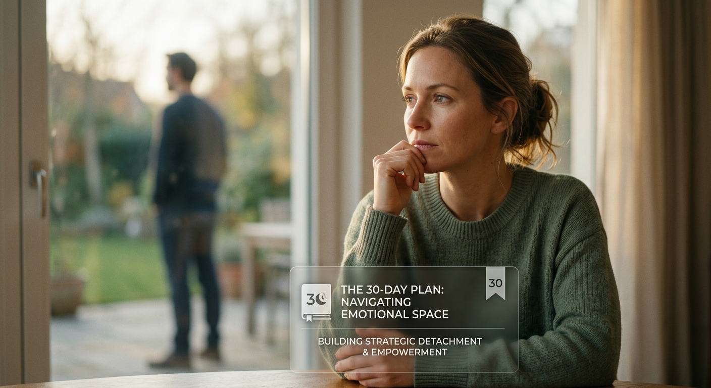 Mulher pensativa com olhar estrategicamente distante, simbolizando afastamento emocional, com um ebook digital e silhueta masculina desfocada ao fundo.