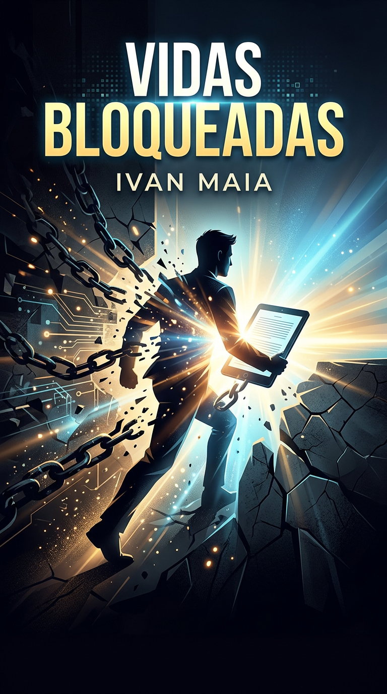 Capa conceitual do livro digital 'Vidas Bloqueadas' de Ivan Maia, mostrando uma pessoa se libertando de amarras com luz, simbolizando o destravamento pessoal.