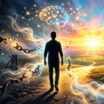 Imagem conceitual de uma pessoa quebrando correntes e caminhando em direção a um caminho iluminado, simbolizando a superação de bloqueios e a libertação do potencial. Representa o e-book 'Vidas Bloqueadas' de Ivan Maia.