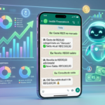Smartphone com chat do WhatsApp exibindo controle de gastos e saldo, com gráficos financeiros digitais ao fundo. Representa o Gestor Money, um assistente financeiro inteligente e automatizado.