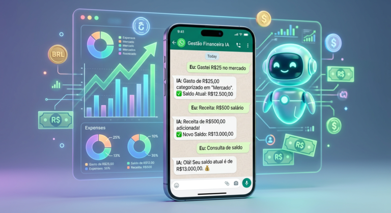 Smartphone com chat do WhatsApp exibindo controle de gastos e saldo, com gráficos financeiros digitais ao fundo. Representa o Gestor Money, um assistente financeiro inteligente e automatizado.