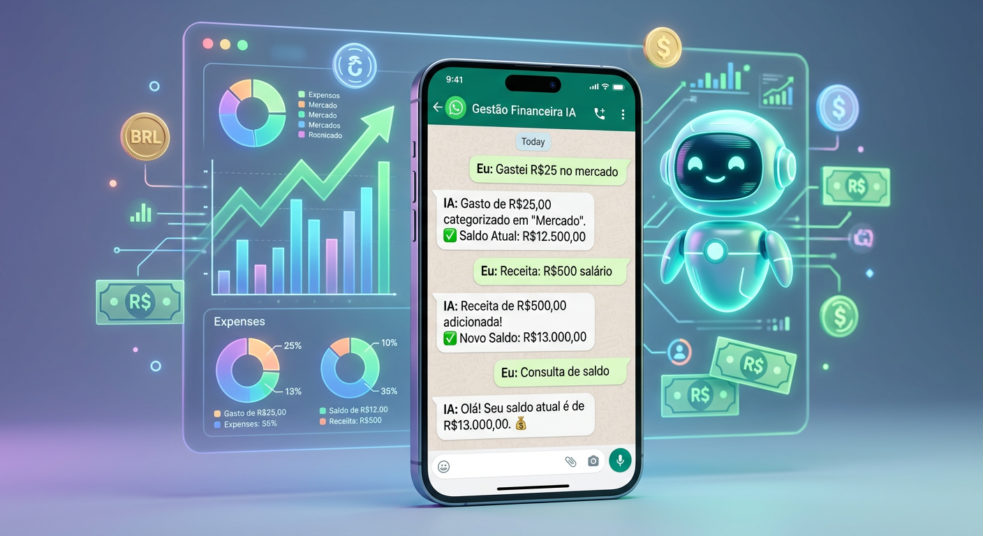 Smartphone com chat do WhatsApp exibindo controle de gastos e saldo, com gráficos financeiros digitais ao fundo. Representa o Gestor Money, um assistente financeiro inteligente e automatizado.