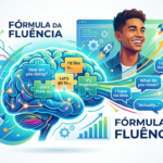 Ilustração do cérebro conectando blocos de frases em inglês, simbolizando a metodologia do Fórmula da Fluência para destravar a fala.