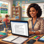 Professora sorridente organizando planejamentos e atividades de Língua Portuguesa para o Ensino Fundamental II (6º ao 9º ano) em um laptop, com alinhamento à BNCC.