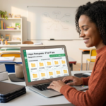 Professora usando notebook com planejamentos e atividades de Língua Portuguesa para 6º ao 9º ano, alinhados à BNCC 2026, simbolizando economia de tempo e organização.