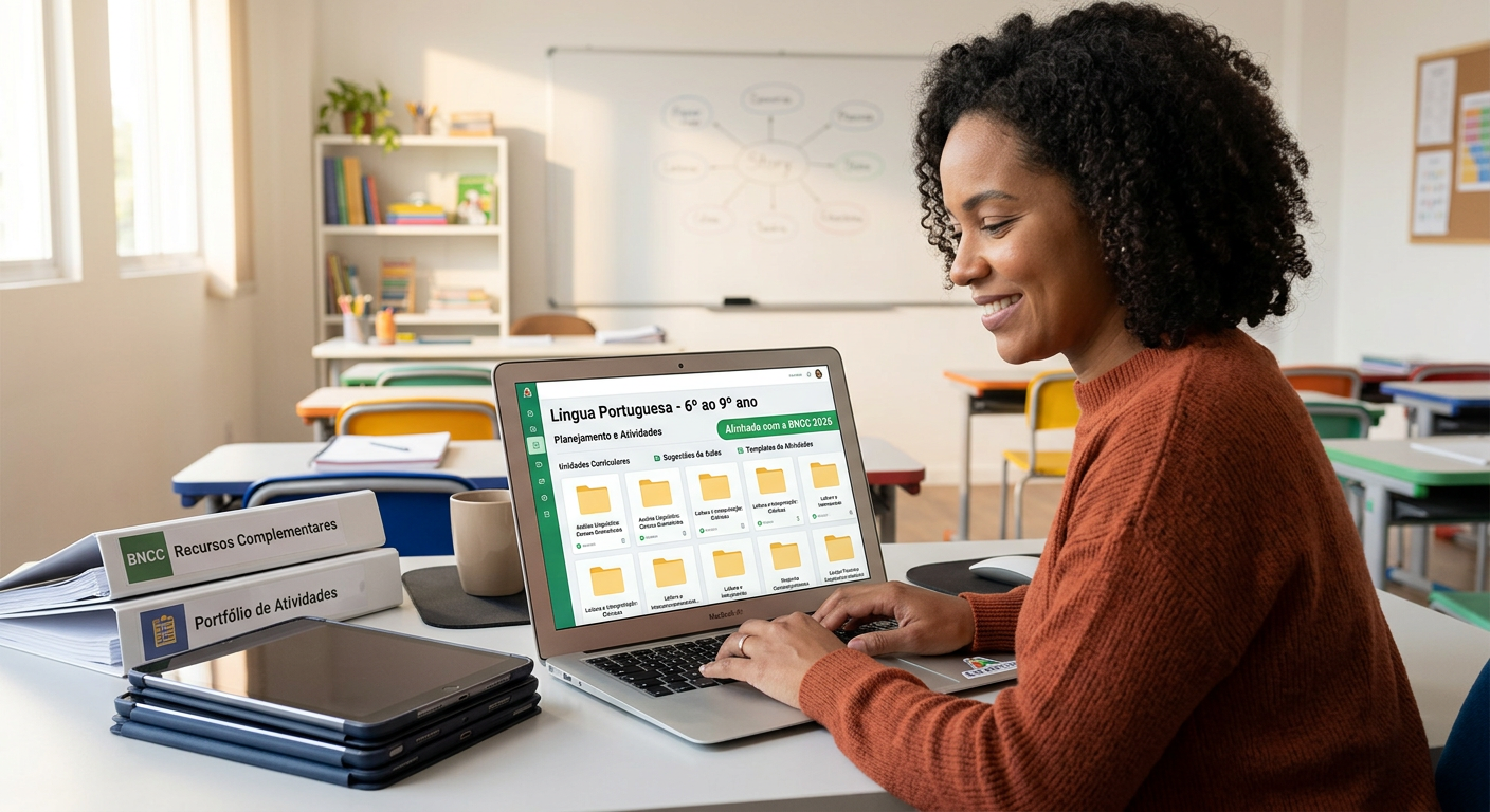 Professora usando notebook com planejamentos e atividades de Língua Portuguesa para 6º ao 9º ano, alinhados à BNCC 2026, simbolizando economia de tempo e organização.