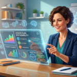 Uma educadora sorridente e focada usando uma plataforma de IA em um tablet futurista para gerar materiais pedagógicos, como planos de aula e atividades, simbolizando as ferramentas Skooly para professores.