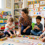 Professora sorridente e engajada usando jogos e atividades lúdicas para ensinar alfabetização a crianças pequenas em sala de aula.