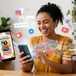 Mulher criando Stories profissionais no Instagram com seu smartphone, cercada por milhares de elementos gráficos, adesivos e fontes coloridas do 'Pack Stories Perfeitos Suelen Magalhaes'.