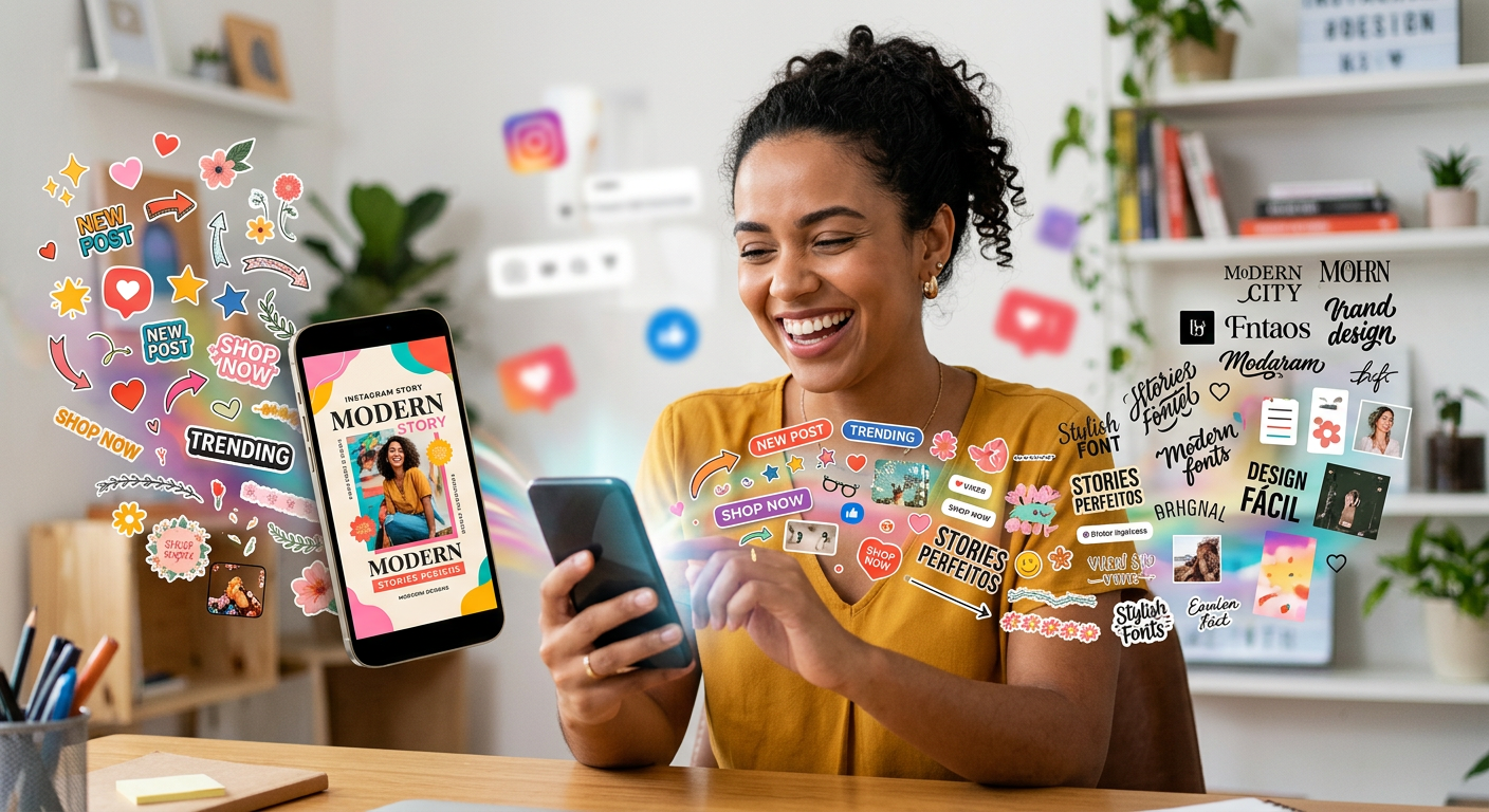 Mulher criando Stories profissionais no Instagram com seu smartphone, cercada por milhares de elementos gráficos, adesivos e fontes coloridas do 'Pack Stories Perfeitos Suelen Magalhaes'.