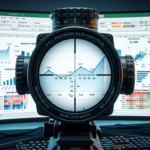 Imagem conceitual de um visor de sniper ou mira de atirador de elite sobreposto a um dashboard profissional do Microsoft Excel, mostrando gráficos dinâmicos e tabelas. Simboliza precisão e maestria na manipulação de dados e criação de relatórios.