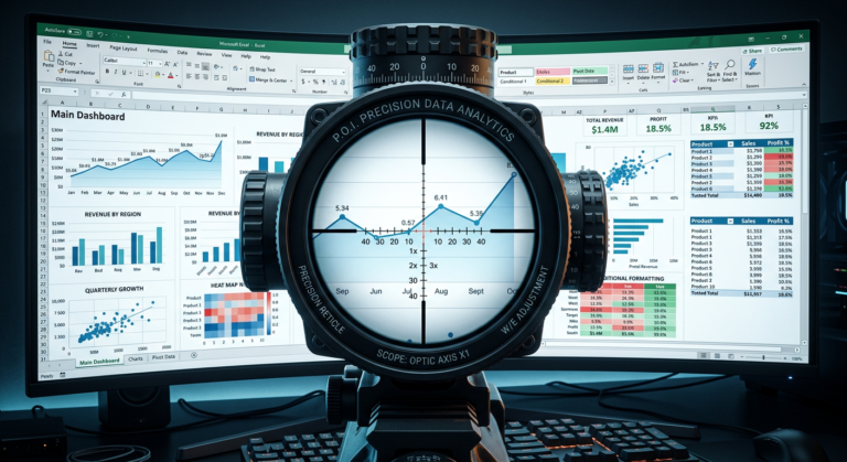 Imagem conceitual de um visor de sniper ou mira de atirador de elite sobreposto a um dashboard profissional do Microsoft Excel, mostrando gráficos dinâmicos e tabelas. Simboliza precisão e maestria na manipulação de dados e criação de relatórios.
