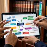 Estudante jurídico usando método Decorando a Lei Seca com tablet e mapas mentais coloridos para memorização de leis e jurisprudência.