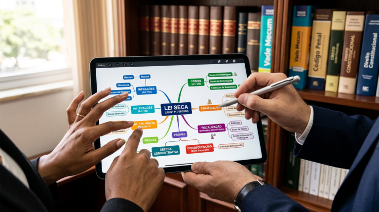 Estudante jurídico usando método Decorando a Lei Seca com tablet e mapas mentais coloridos para memorização de leis e jurisprudência.