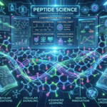 Ilustração digital de estruturas moleculares de peptídeos interconectadas com elementos de estudo e dados científicos, representando uma formação completa.
