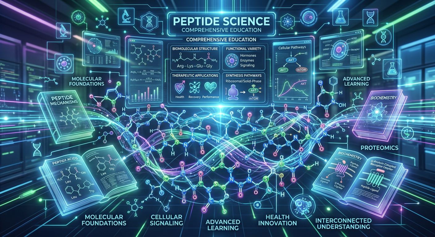 Ilustração digital de estruturas moleculares de peptídeos interconectadas com elementos de estudo e dados científicos, representando uma formação completa.